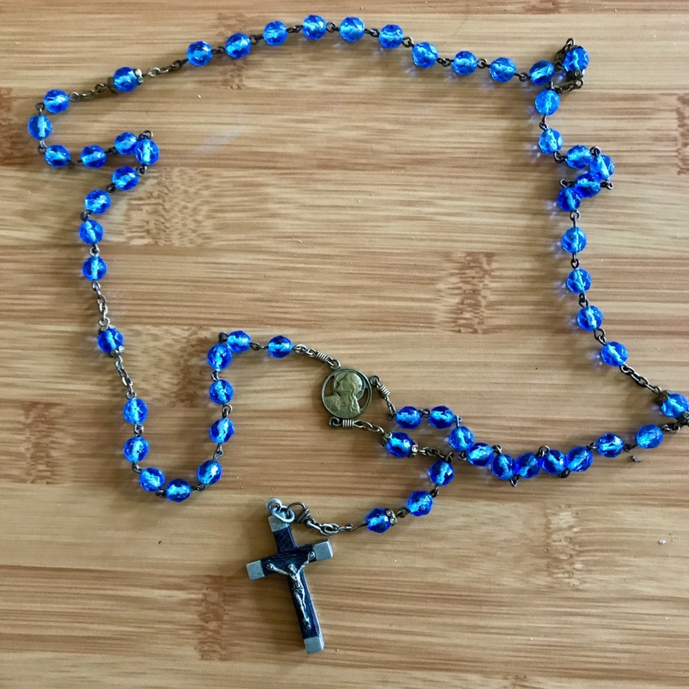 Vintage Blue Glass Bead Brass Silver Rosary